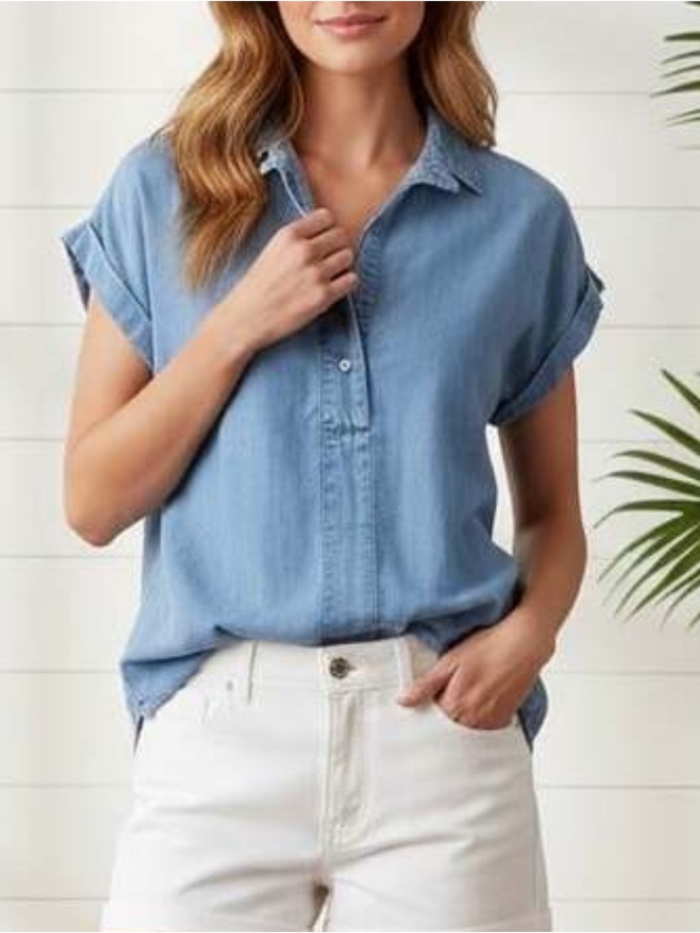 J. Crew - Short-sleeved Collared Chambray popover shirt - light denim - size S